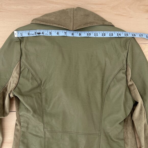 NWT BlankNYC Faux Suede Leather Moto Jacket Mixed Media Draped Olive Green Med. - Picture 14 of 15